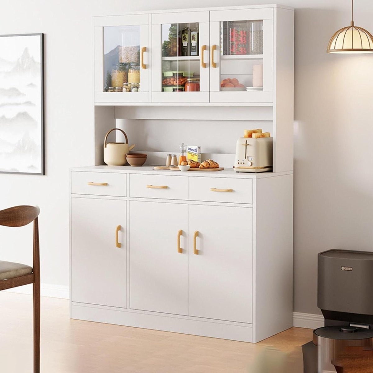 Wit Buffetkast Sideboard met Glazen Deuren voor in de Keuken, Hoogte: 172 cm