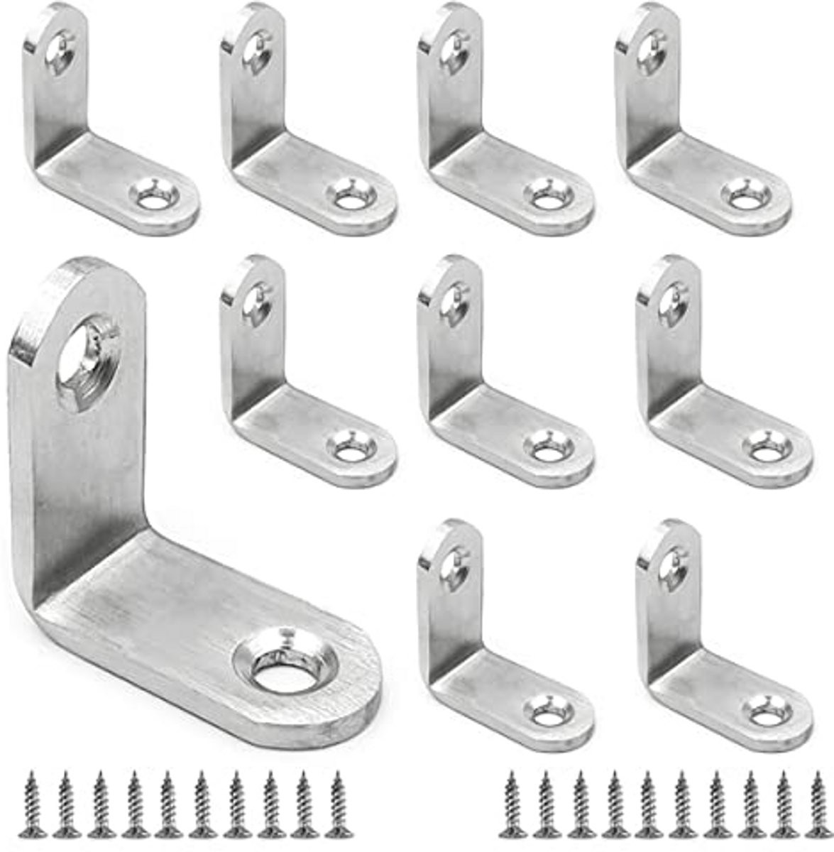 Set van 10 roestvrijstalen L-vormige hoekbeugels van 30 x 30 mm inclusief schroeven voor meubels