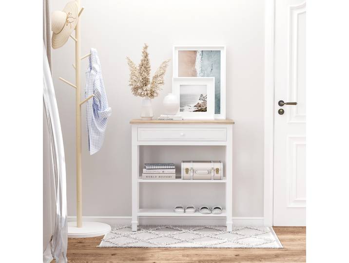 HOMCOM Table console multifonctionnelle Table d'appoint 75,6x27,5x80,5 cm Bois naturel Blanc