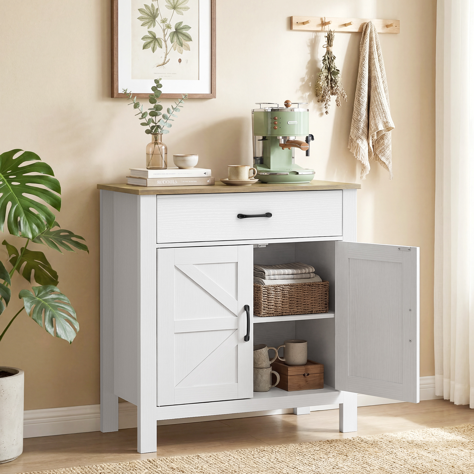 Homcom Credenza buffet, mobile cucina in stile country con ante scorrevoli e ripiano regolabile, Bianco   Aosom Italy