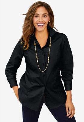Plus Size Women's Stretch Cotton Poplin Button Down Shirt by Jessica London in Black (Size 28 W) Button Down Blouse