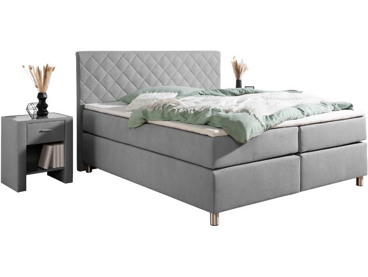 Boxspringbett, Microfaser, Grau, 168×208 cm, Inkl. Topper & Matratze, Leonique