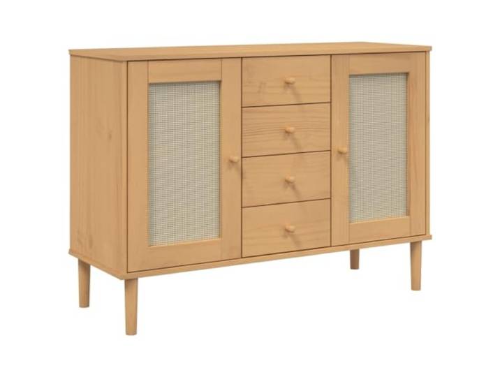 GFMGUEMV Sideboard SENJA Rattan-Optik Braun 112x40x80 cm Kiefernholz 4 Schubladen, 4 Fächer, Polyrattan-Front, UV-Lackierung, Wiener-Geflecht, Retro-Boho-Stil