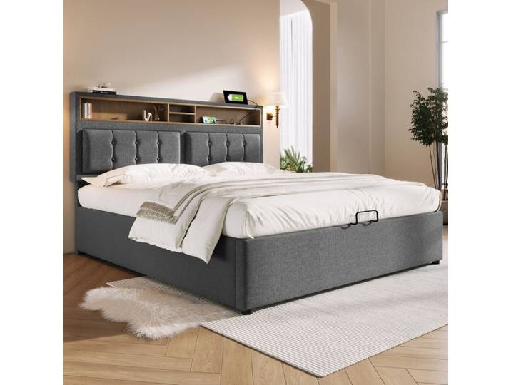 Lit Double avec USB Type C - Merax - 140x200 cm - Lit Coffre Rembourré avec Sommier Relevable - Gris