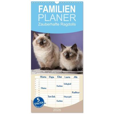 Familienplaner 2026 - Zauberhafte Ragdolls mit 5 Spalten (Wandkalender, 21 x 45 cm) CALVENDO
