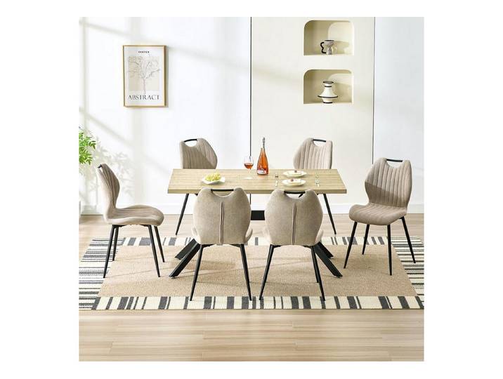 LuxusKollektion Essgruppe Esszimmergruppe Stühle Holz Rückenlehne Eisenbeine Licht Tisch 6 Khaki
