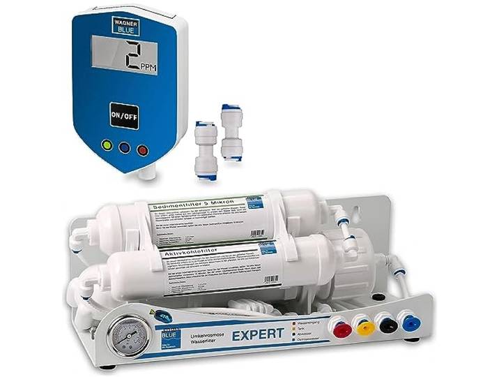 Wagner BLUE Umkehrosmose Wasserfilter EXPERT 150 GPD (570 Liter/Tag) inkl. inLine-TDS Wassertester 3 stufige Osmoseanlage für Aquarium Professionelle Wasserfilter zur Herstellung von Osmosewasser