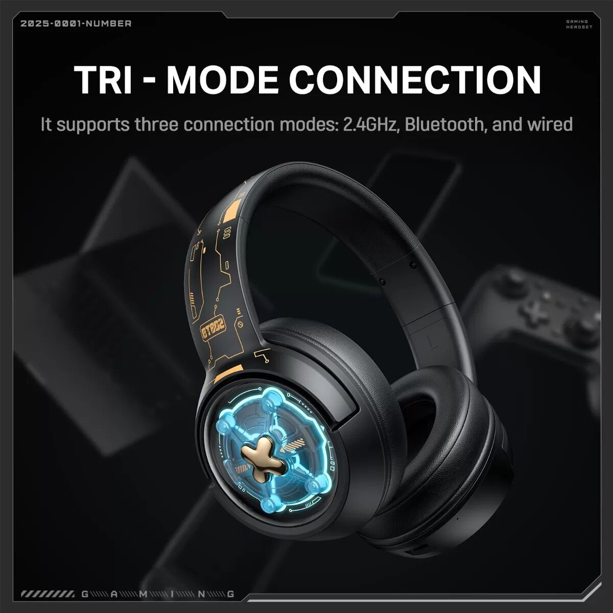 INF GT802 Over-Ear Gaming-Headset Tri-Modus (2.4G + Bluetooth + Kabel) — Low-Latency ≤30 (2.4G), 50mm Treiber, Schwarz