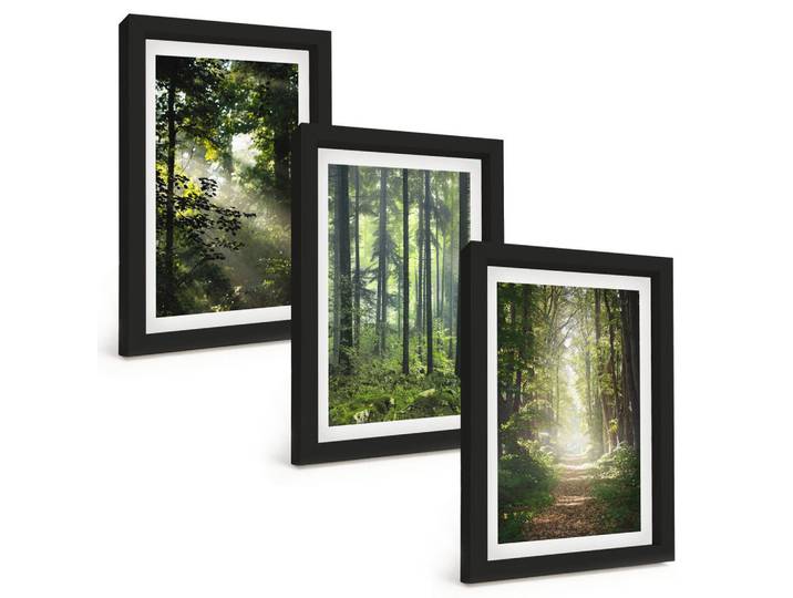 Tulup Bilder SET 3er Set - 20x30 cm Schwarzer Rahmen - Grüne Wälder mit Lichtstrahlen, Kunststoff, Rechteckig, 20x30 cm, gerahmt, Bilder & Rahmen, Bilder