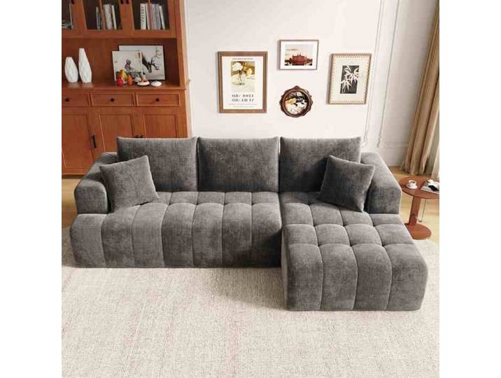 Canapé d'angle modulaire - HIBA - Nuage - Chenille gris - Mousse HR sans cadre - Modulable réversible