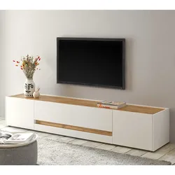 TV Lowboard in Weiß und Wildeiche Optik 223 cm breit