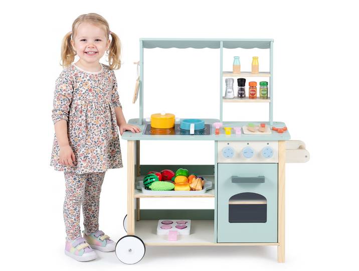 Houten Kinderkeuken Speelkeuken met Schuifhandvat en Wielen