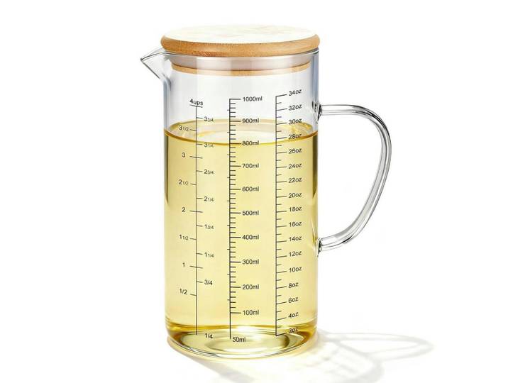 Messbecher 1L Glas mit Griff und Deckel, Transparent, Backen & Backzubehör, Messbecher