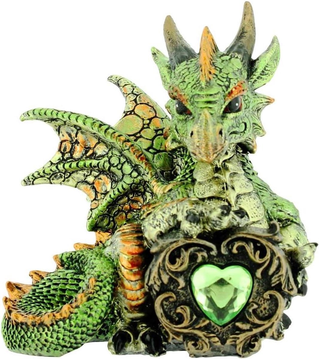 Groen Draken Beeldje - Handgeschilderd Drakenfiguur van Kunsthars - Hoogte: 13 cm