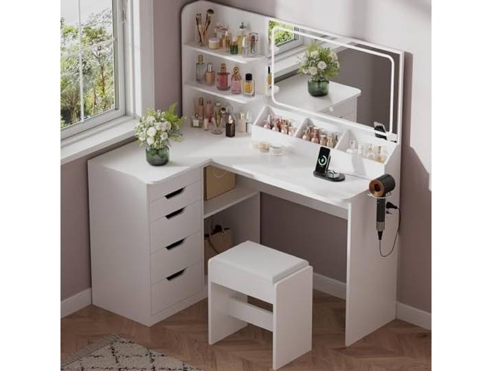JUMMICO Schminktisch mit Spiegel und Licht, Eck Schminktisch L Hocker mit Beleuchtung LED 3 Farben, Make Up Table 120 breit mit 5 Schubladen und Steckdosen, Weiß