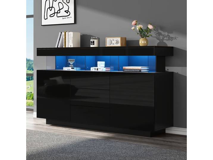 Buffet moderne LED - Dimensions 140x35x80 cm - Noir brillant - Éclairage LED intégré - 3 tiroirs spacieux