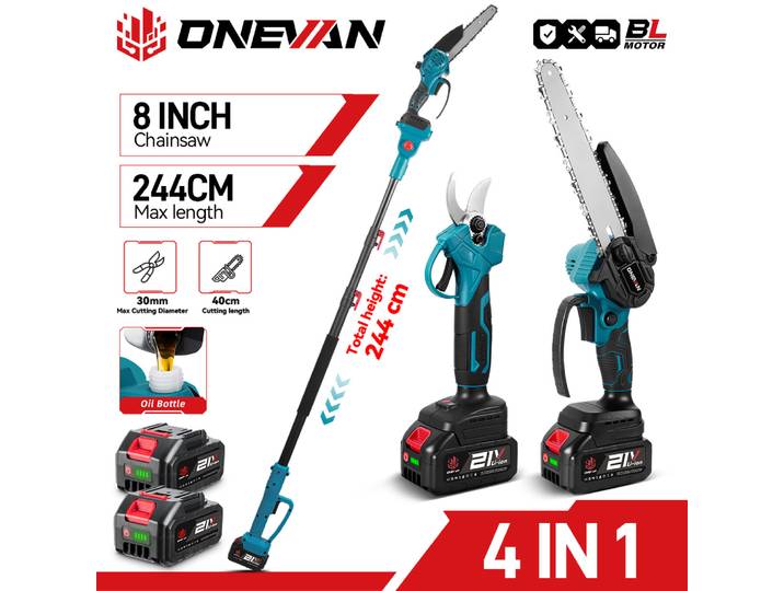 Scie à chaîne électrique télescopique sans balais ONEVAN 4 en 1, 8 pouces, cisaille pour branches hautes, outil de jardinage pour batterie Makita 18V