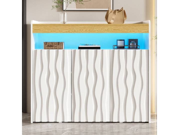 Piaenon - buffet bas 105x35x90 5cm LED portes vagues 3 portes étagères réglables rangement chaussures salon entrée