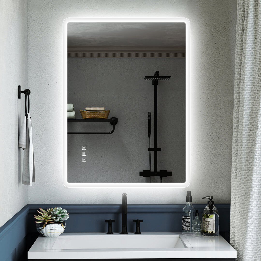 S·BAGNO Modern Lighted Wall Mounted Bathroom Mirror in Clear 80cm H x 60cm W