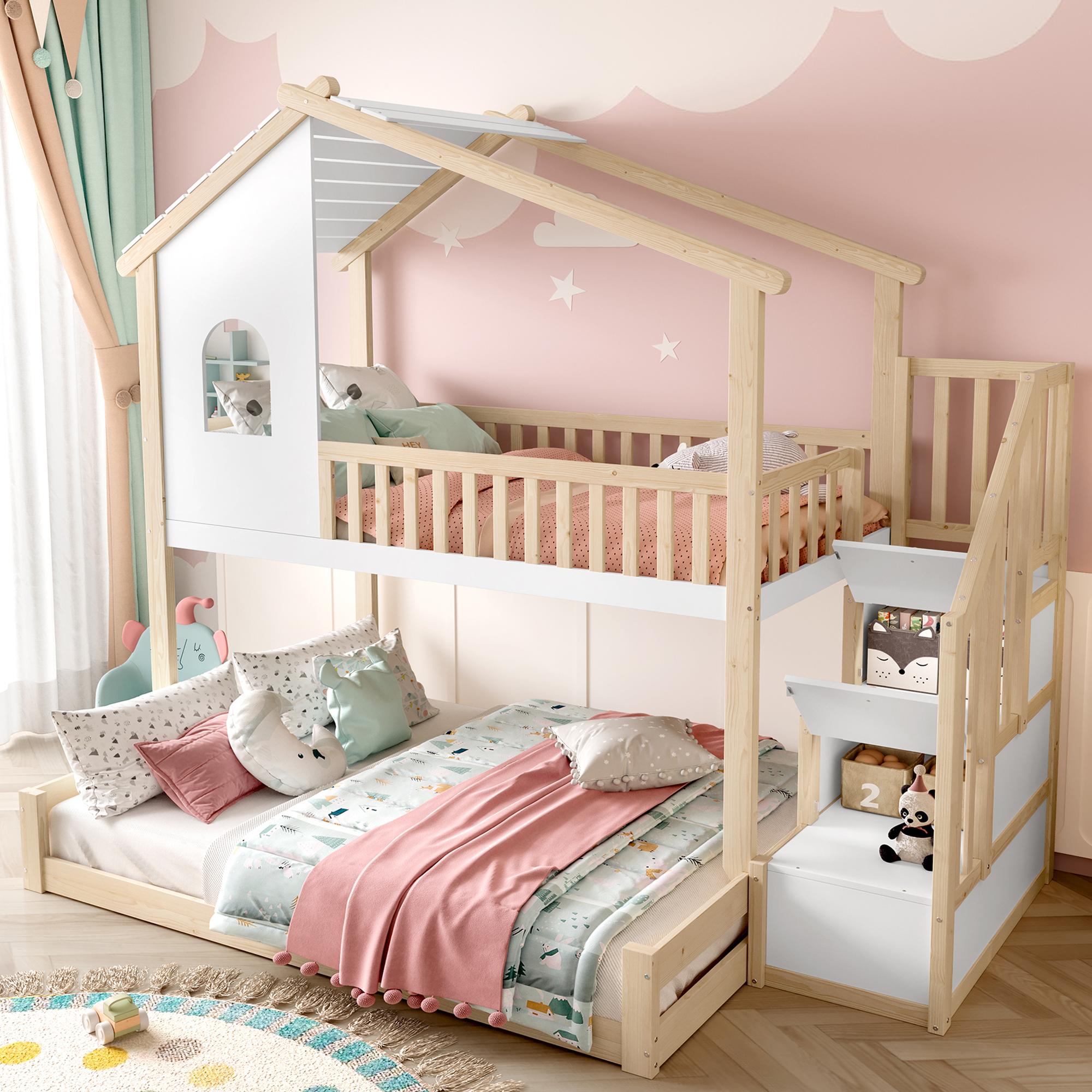 STILVORA Hochbett 90/140×200 mit Bettgitter und Stauraumleiter ,Kinderbett mit Fenster&Hausleiste,Holzbett aus Kiefernholz,mit Matratze,weiß