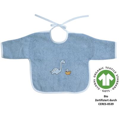 Lätzchen WÖRNER "Dinofamilie", Baby, blau (stahlblau), Baumwolle, Lätzchen, Biobaumwolle, mit Ärmeln, maschinenwaschbar, trocknergeeignet