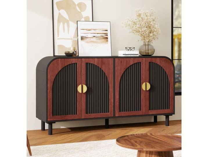 Buffet bas rétro 150 cm noir et noyer foncé 4 portes cintrées étagères réglables