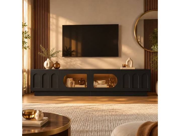 Meuble TV bas noir VUENOR - 200 x 40 x 42 cm – 4 portes LED réglable par application passe-câbles