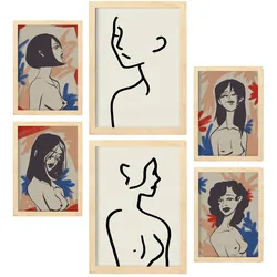 POSTER Set Mit 6 Körperkörper In Weibliche Zusammenfassung A3 & A4 Rahmen Aus Hellem Holz