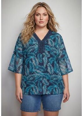Plus Size Women's Crochet Trim Caftan Top by Avenue in Navy Island Palm (Size 20)