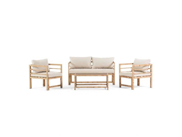 Salon de jardin avec canapé 2 fauteuils et table basse en métal effet bois coussins déhoussables pour jardin terrasse – Cortina