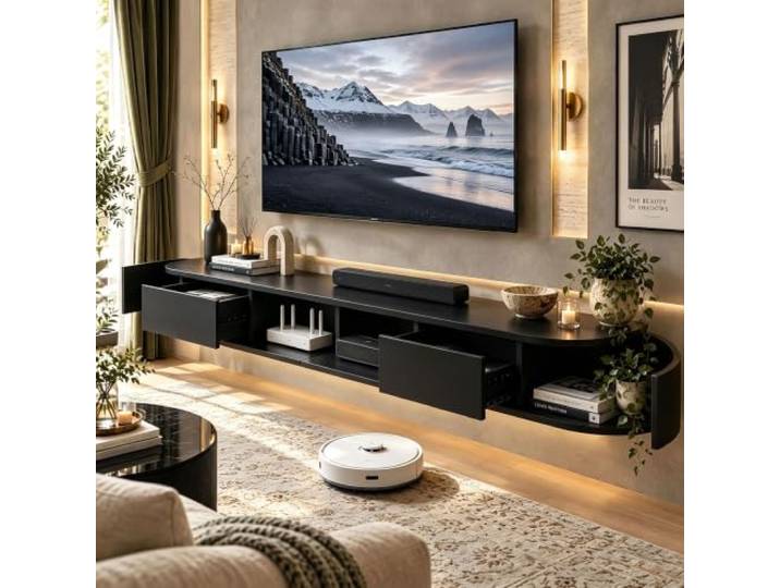 ATHOMASM TV Lowboard Hängend, TV-Schrank Aus Holz, Schwebender TV-Schrank Mit Stauraum, Hängende Medienkonsole, TV-Ablage Für Das Wohnzimmer, Moderne TV-Wandlösung, Schlanke TV-Regal(Schwarz,200cm)