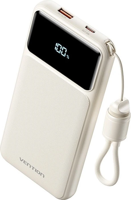 Vention 10 000 mAh Power Bank (USB-C + USB-A) with Built-in Cable 22,5 W White LED Display Type