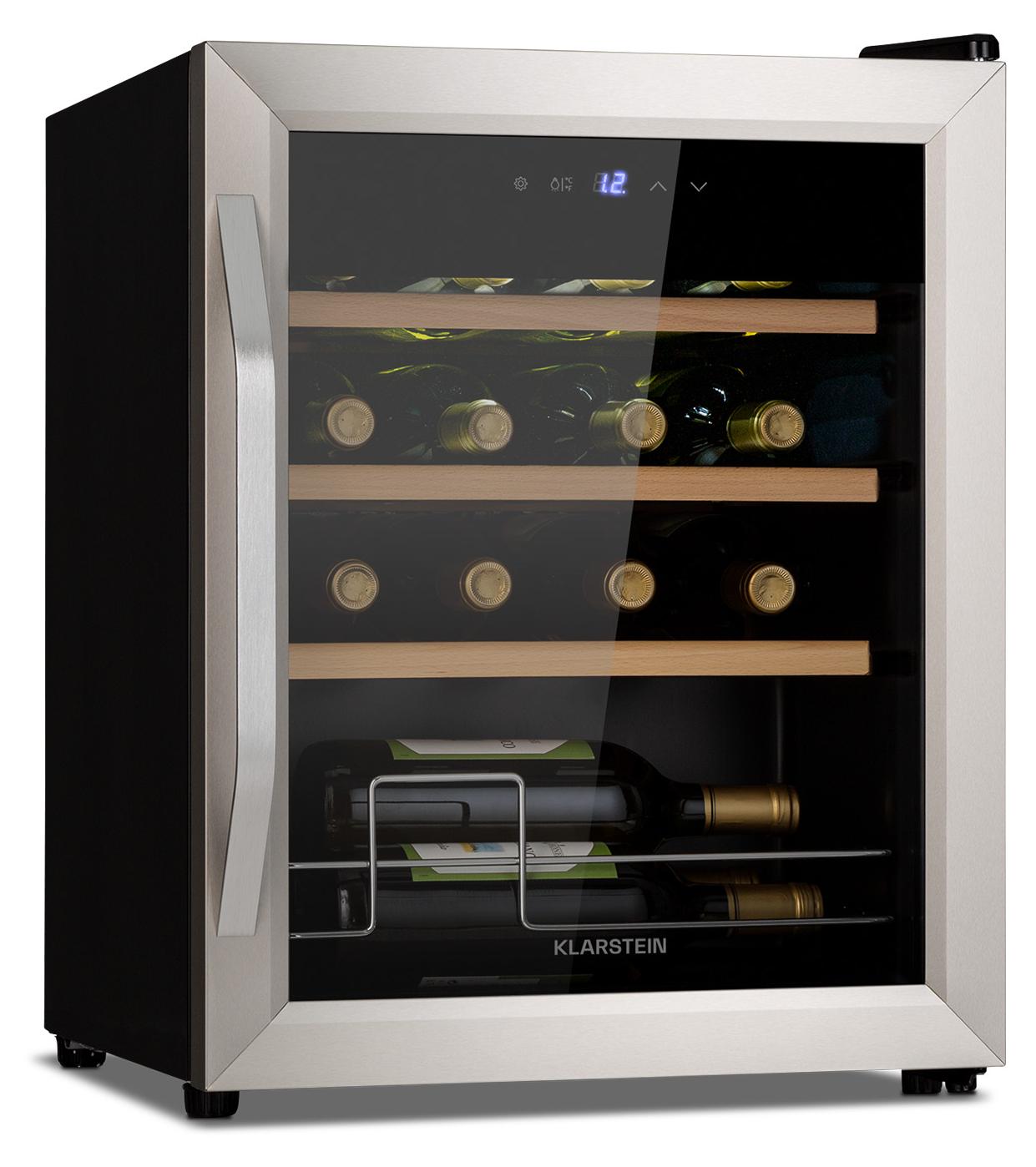 Klarstein Weinkühlschrank, Getränkekühlschrank Schmal, Kühlschrank mit Glastür, Getränkekühlschränke Freistehend, Weinkühlschrank Klein, Weinkühlschränke 1 Zone, UV-Schutz, 5-18 °C, 16 Flaschen