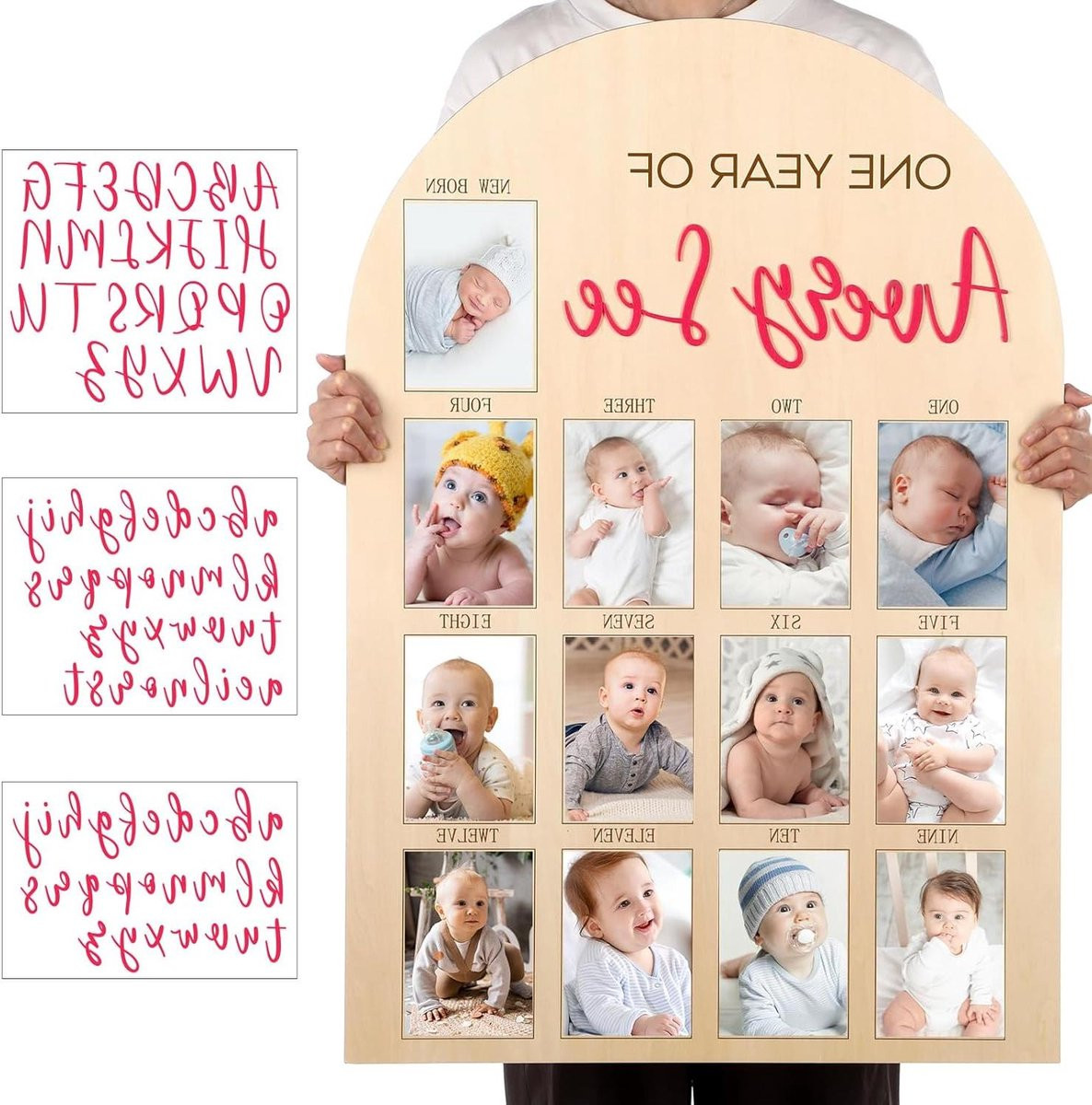 Mijlpaal Fotobord Eerste Jaar Baby Lijst met Vilten Letters - Roze - 90 x 55 cm