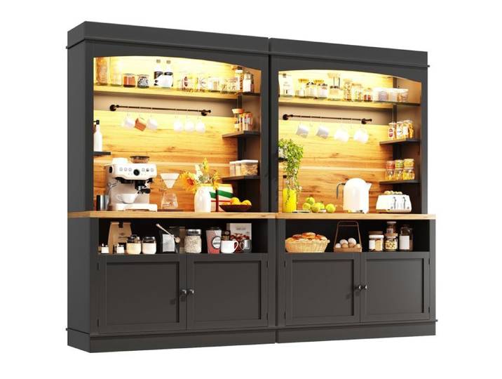 Set de 2 buffets hauts de cuisine - Buffets hauts - Noir - Portes vitrées - Éclairage LED réglable