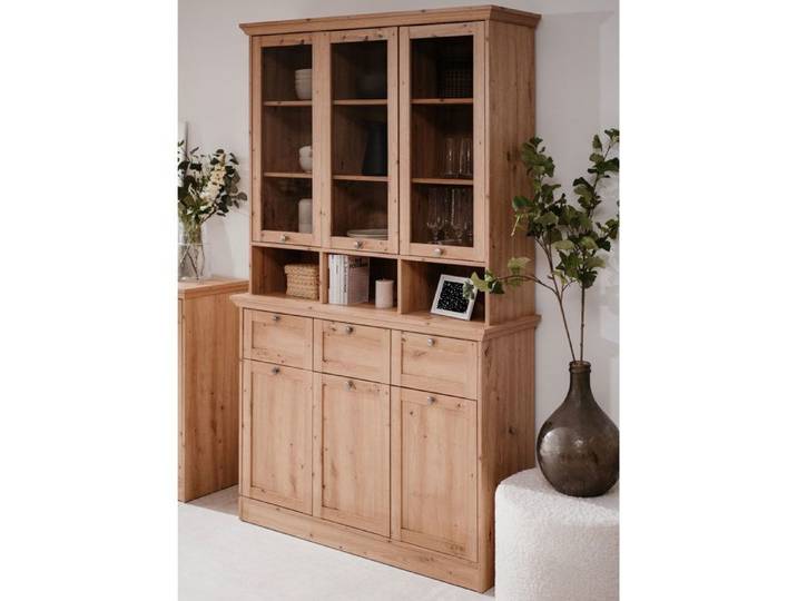 CALICOSY - Buffet vitrine 6 portes dont 3 vitrées 3 tiroirs et 3 niches L120 cm - TIMBER - Chêne