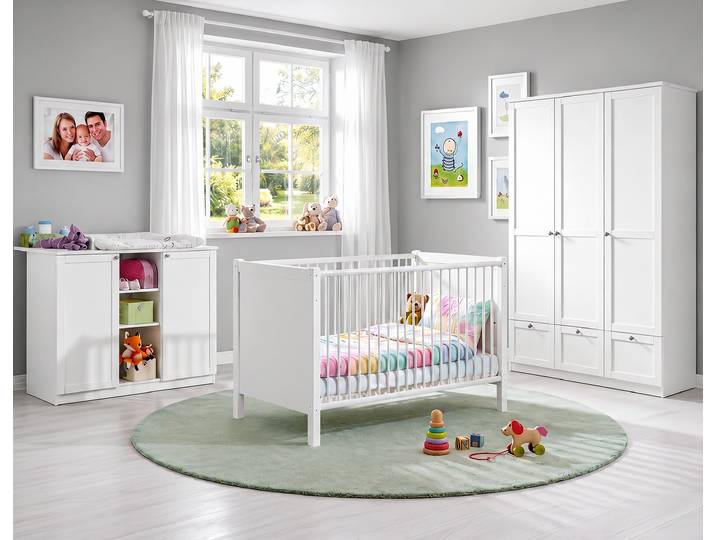 Babyzimmer-Set Kinderzimmer Babybett Wickelkommode Kleiderschrank+Schub.135 Weiß / 22804