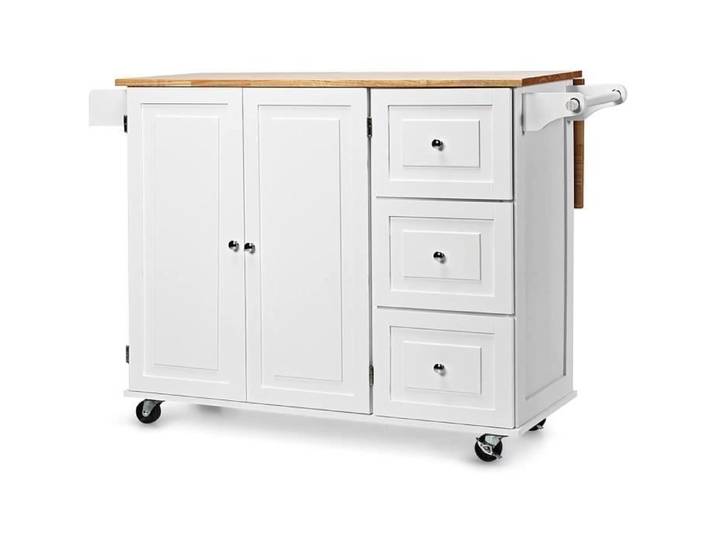 GOPLUS Desserte de Cuisine à Roulettes Plateau Pliable-1 Armoire à 3 Niveaux et 3 Tiroirs Porte-serviette-136x76x91cm Blanc