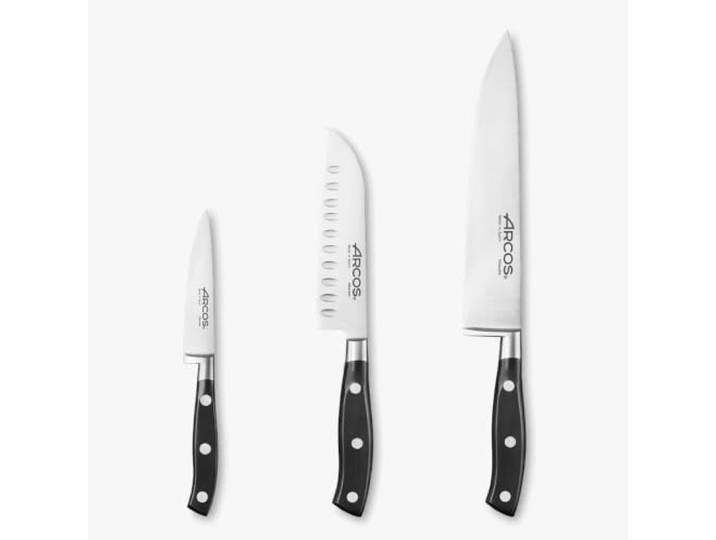 Arcos Messer-Set 3-teilig aus Nitrum Edelstahl - Geschmiedete Klingen, Ergonomischer Griff aus Polyoxymethylen, Dünne Klinge mit Wellenschliff - Schwarz, Serie Riviera