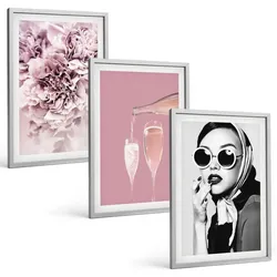 BILDER SET 3er Set - 40x60 cm Silberner Rahmen - Rosenblüten und eine elegante Dame