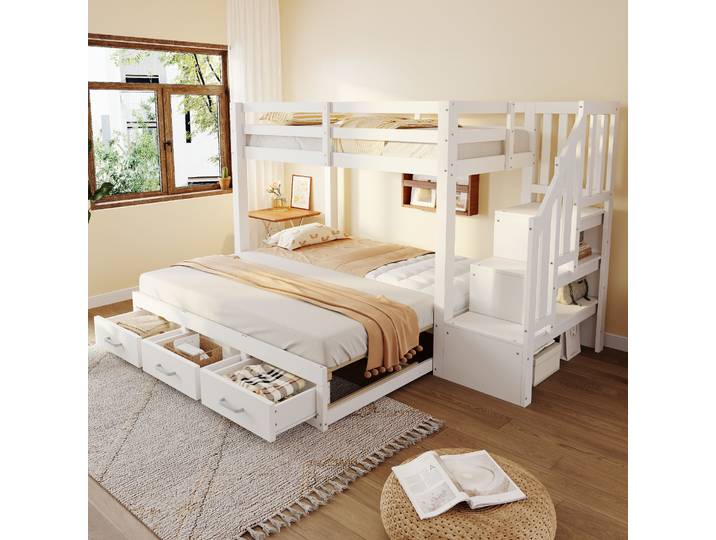 Lit Mezzanine Bois Blanc 90x200 Cm Avec Lit Gigogne 90/180x190 Cm\, Échelle Rangement Et 3 Tiroirs