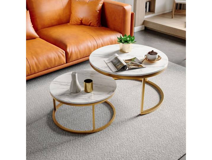 Table Basse - ADWOLT - Lot de 2 - Ronde - Blanc et Doré - Style Moderne - Marbre