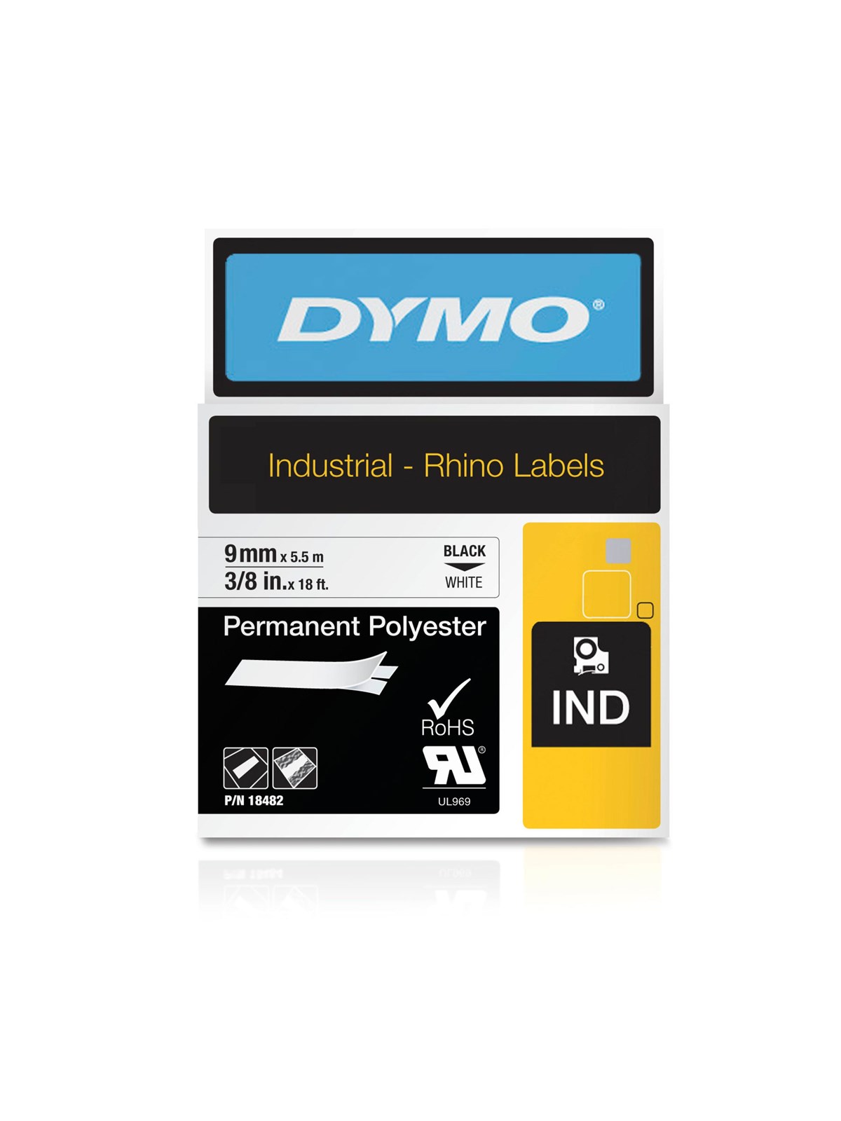 DYMO Rhino Industrie Permanente Polyesteretiketten | 9 mm x 5,5 m | Schwarz auf Weiß