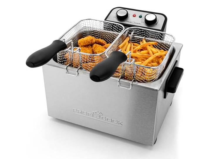 ProfiCook Doppel-Fritteuse Fritteuse mit 2 kleinen & 1 großen Korb Doppelfritteuse mit Kaltzonentechnik Fryer mit 5L Kapazität und entnehmbaren Edelstahlbehälter PC-FR 1038