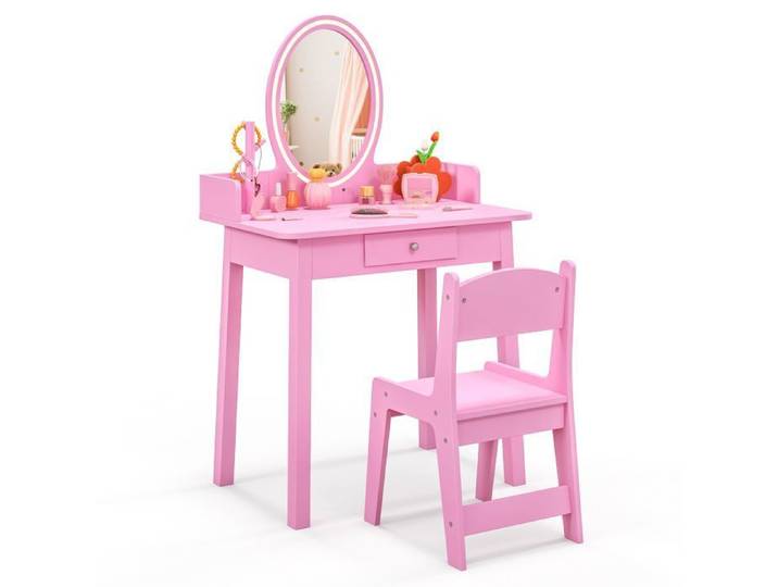 Coiffeuse Enfant - DREAMADE - Miroir en Acrylique - Éclairage LED Bicolore - Titoir - Support Suspendu - Charge 30KG - 3-8Ans Rose