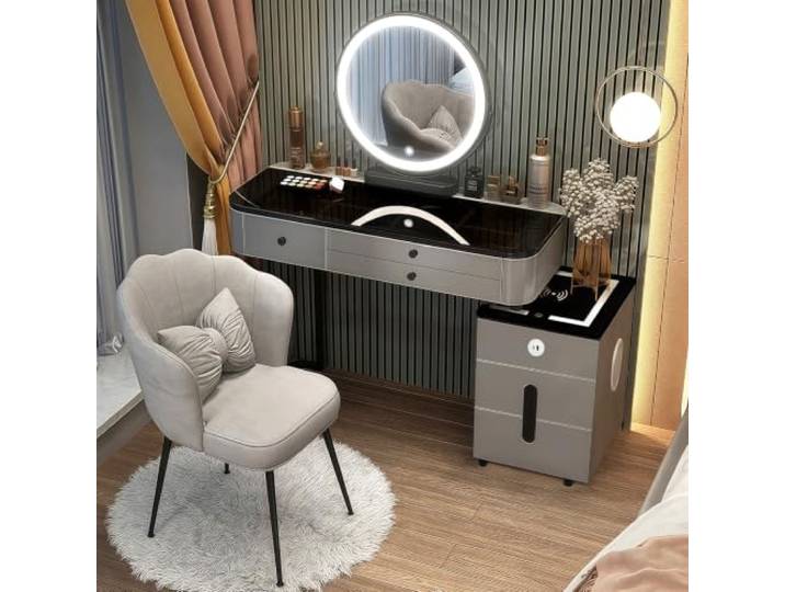MJKCBD Schminktisch mit Spiegel - Schminkspiegel mit 3 Farben, 5 Schubladen 100cm Schminktisch Organizer mit 40cm Verschiebbarer Schrank, Schnelle Montage, Moderner Kosmetiktisch für Schlafzimmer, Grau