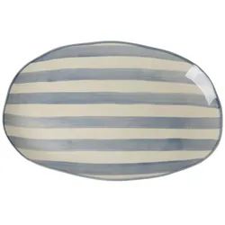 RICE Keramik Servierplatte in Creme mit blauen Streifen, L 49.5 x B 31.5 x H 4 cm