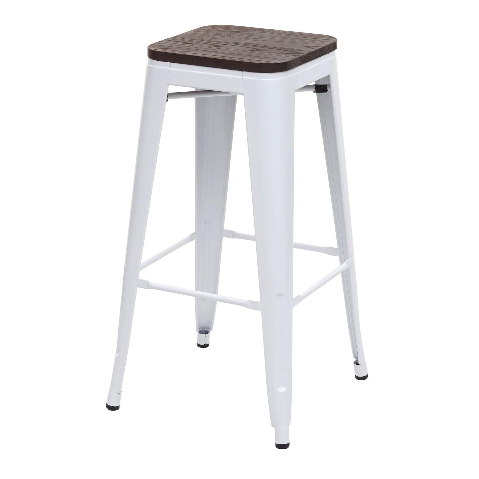Barhocker MCW-A73 inkl. Holz-Sitzfläche, Barstuhl Tresenhocker, Metall Industriedesign stapelbar ~ weiß