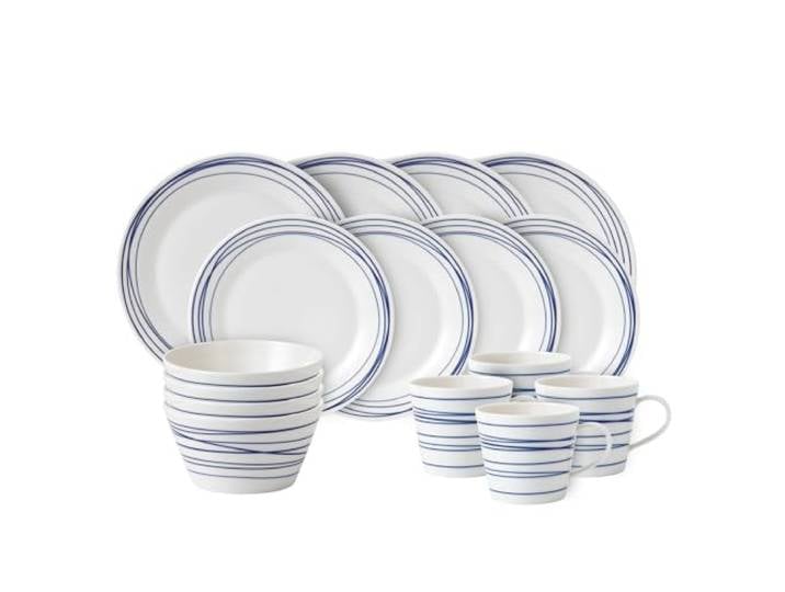 Royal Doulton Tafelservice aus Steingut, zum Kombinieren entworfen, 1815 Pacific Geschirr-Set, blaue Linien, 16-teiliges Set