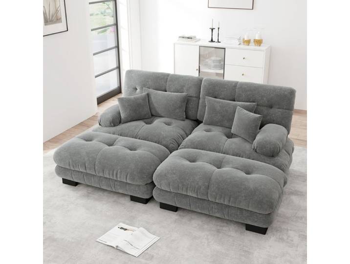 Canape D Angle Modulable En Chenille Grise Sofa Cloud Moderne FloraGrace Pour Salon Avec 2 Ottomans Mobiles 220x145x81cm